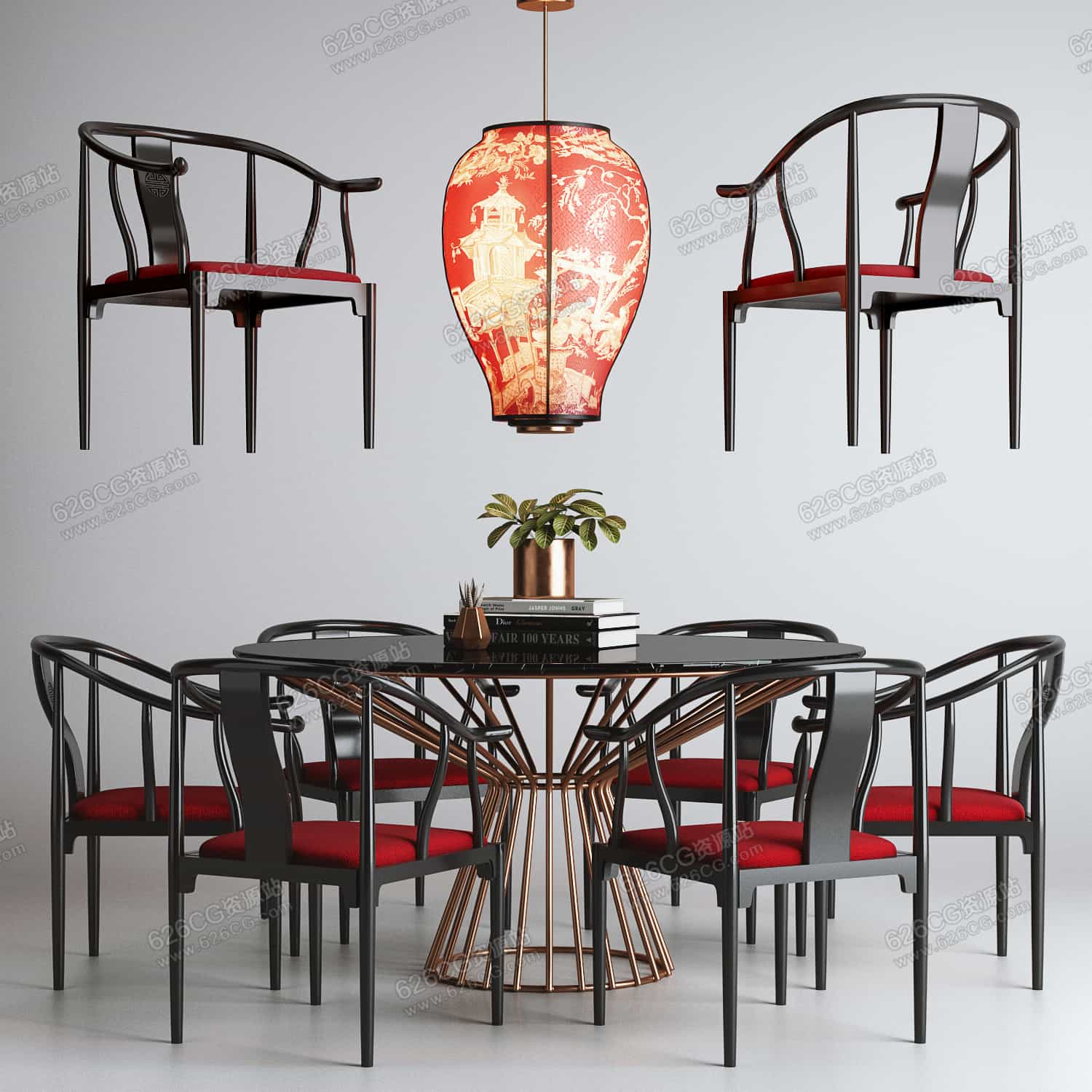 三维模型：新中式餐桌中式餐椅吊灯组合古风吊灯饰品摆件 626CG资源站