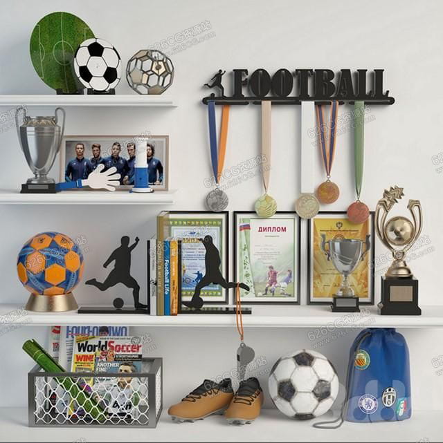 三维模型：足球装饰品置物架球鞋奖杯奖牌相框杂志书本足球队 626CG资源站