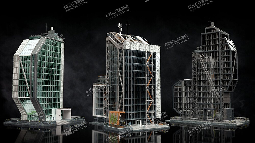 三维模型 玻璃办公楼时尚建筑博物馆摩天大楼住宅楼购物大楼模型 Kitbash 3D – arch vogue 626CG资源站