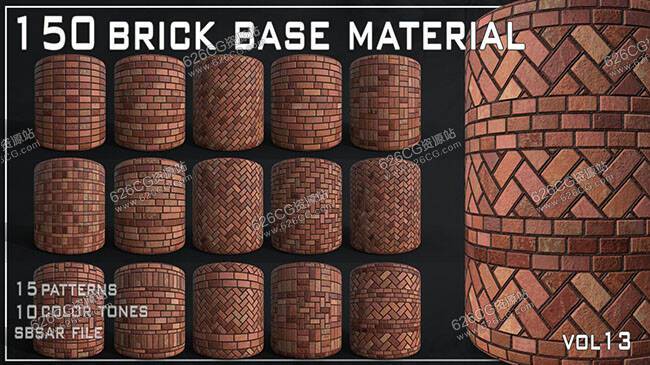 Substance Painter资产-一套具有高度多样性的瓷砖材料 ArtStation – 150 Brick Base Material – VOL13 626CG资源站
