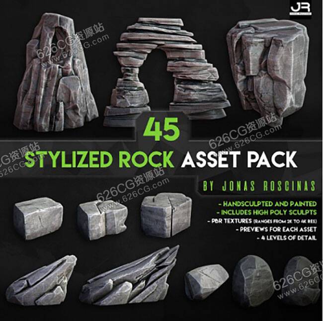 三维模型- 45 个风格化岩石资产包低多边形 3D 模型 CGTrader – 45 Stylized Rock Asset Pack Low-poly 3D models 626CG资源站