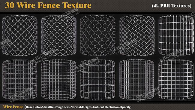 贴图纹理-30组不同钢丝栅栏金属铁丝网PBR纹理贴图素材 ArtStation – 30 Wire Fence Texture 626CG资源站